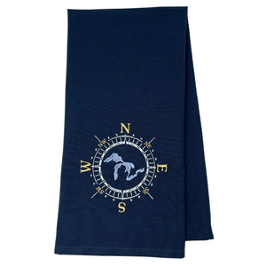 One 28" x 20" towel 5" x 5" design of the Great Lakes encircled by a compass Embroidered in Washburn, WI, USA