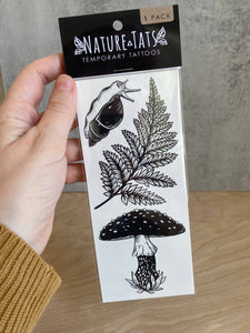Amanita Mushroom, Fern, Snail Temporary Tattoo: 1 Pack