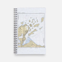 Load image into Gallery viewer, Perfect for all of your notes and to remind you of your connection to the Apostle Islands! Waterproof cover features a topographic map of the Apostle Islands Lined 160 pages Lay-flat spiral binding 5.5&quot; x 8.5&quot;