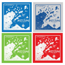 Load image into Gallery viewer, This design features points of interests around the Apostle Islands National Lakeshore and the Bayfield peninsula. 22” square and now available in 3  colors (red is sold out).   Designed by Washburn Wisconsin Artist, Bemused Design Not to be used for navigational purposes