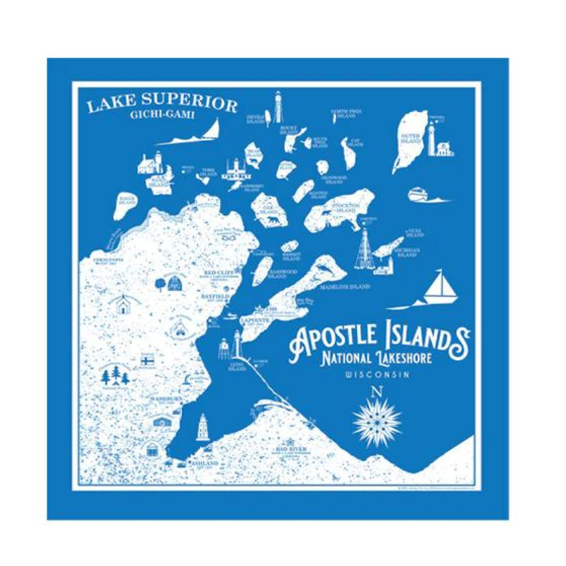 This design features points of interests around the Apostle Islands National Lakeshore and the Bayfield peninsula. 22” square and now available in 3  colors (red is sold out).   Designed by Washburn Wisconsin Artist, Bemused Design Not to be used for navigational purposes