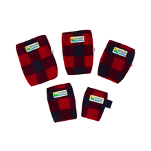 Load image into Gallery viewer, Cozy fleece booties with soft elastic for a gentle, secure fit. Soft fleece fabric for warmth and coziness. Ideal for cold weather or to protect paw injuries. For a durable layer that&#39;s perfect for wet, muddy or rough ground try our Rugged Pet Booties. Made by AdventureUs in Washburn, WI Color: Red &amp; Black Buffalo Plaid