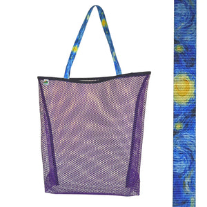 Vibrant purple mesh bag with choice of colorful handles Generous size: 23" wide by 19" tall and a 3" gusseted base Eco-friendly manufacturer remnant (leftover) mesh Strong seams with nylon binding Durable, heaty-duty, shoulder length handles
