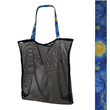 Load image into Gallery viewer, Black mesh bag with choice of colorful handles Generous size: 23&quot; wide by 19&quot; tall and a 3&quot; gusseted base Eco-friendly manufacturer remnant (leftover) mesh Strong seams with nylon binding Durable, heaty-duty, shoulder length handles