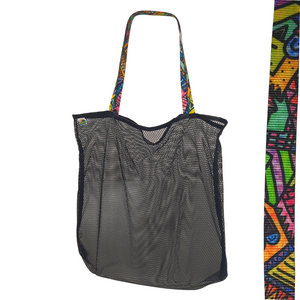 Black mesh bag with choice of colorful handles Generous size: 23" wide by 19" tall and a 3" gusseted base Eco-friendly manufacturer remnant (leftover) mesh Strong seams with nylon binding Durable, heaty-duty, shoulder length handles