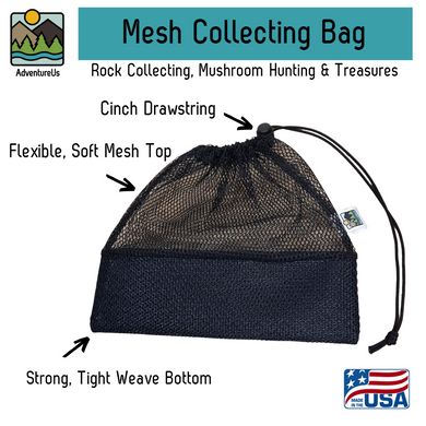 This drawstring mesh bag is the perfect accessory for all your nature walks, whether you're beachcombing or hiking in the woods.  Great for rock hunting, foraging, beach glass collecting, sea shells, pinecones, and as a beachcomber tote. Drawstring, toggle closure with durable mesh and a fine weave bottom to keep your treasures in but let sand out. Main body mesh is made using eco-friendly remnant fabric.  Made in Wisconsin, USA
