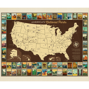Mark your love of the National Parks and your travels with this fun USA Map.  Easily display with clipped curtain rings or a beautiful magnetic holder (sold separately) Measures 36" x 43" Classy quarter inch rolled hem Washing Instructions: Machine Wash Cold/Tumble Dry Low Product Designed and Sewn by AdventureUs in Northern Wisconsin Materials: 100% cotton Riley Blake Designs™ Destinations fabric