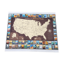 Load image into Gallery viewer, Mark your love of the National Parks and your travels with this fun USA Map.  Easily display with clipped curtain rings or a beautiful magnetic holder (sold separately) Measures 36&quot; x 43&quot; Classy quarter inch rolled hem Washing Instructions: Machine Wash Cold/Tumble Dry Low Product Designed and Sewn by AdventureUs in Northern Wisconsin Materials: 100% cotton Riley Blake Designs™ Destinations fabric