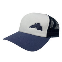 Load image into Gallery viewer, Lake Superior Embroidered Trucker Hat - White/Indigo/Navy