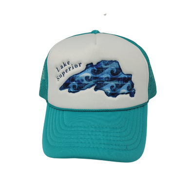 Lake Superior Waves Trucker Hat with Script - Turqoise