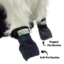 Load image into Gallery viewer, Cozy fleece booties with soft elastic for a gentle, secure fit. Soft fleece fabric for warmth and coziness. Ideal for cold weather or to protect paw injuries. For a durable layer that&#39;s perfect for wet, muddy or rough ground try our Rugged Pet Booties. Made by AdventureUs in Washburn, WI Color: Black