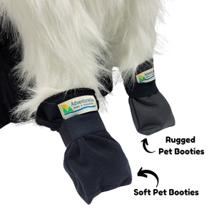 Cozy fleece booties with soft elastic for a gentle, secure fit. Soft fleece fabric for warmth and coziness. Ideal for cold weather or to protect paw injuries. For a durable layer that's perfect for wet, muddy or rough ground try our Rugged Pet Booties. Made by AdventureUs in Washburn, WI Color: Black