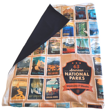 Load image into Gallery viewer, Cover up with this cozy, beautiful throw blanket.  Featuring all 63 American National Parks posters surrounding the Wilderness &amp; Wonder center patch image. This throw blanket is perfect for the National Parks enthusiast in your life. Made in Wisconsin with imported materials.