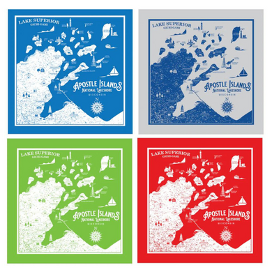 This design features points of interests around the Apostle Islands National Lakeshore and the Bayfield peninsula. 22” square and now available in 3  colors (red is sold out).   Designed by Washburn Wisconsin Artist, Bemused Design Not to be used for navigational purposes