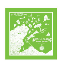 Load image into Gallery viewer, This design features points of interests around the Apostle Islands National Lakeshore and the Bayfield peninsula. 22” square and now available in 3  colors (red is sold out).   Designed by Washburn Wisconsin Artist, Bemused Design Not to be used for navigational purposes