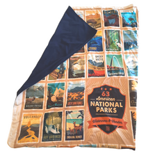 Load image into Gallery viewer, National Parks Wilderness Wonders Fleece Lined Blanket - Navy Backing - USA Made