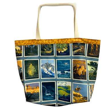 National Park Postcards with Sienna Mountains Liner - National Parks Market Tote - 100% Cotton - USA Made