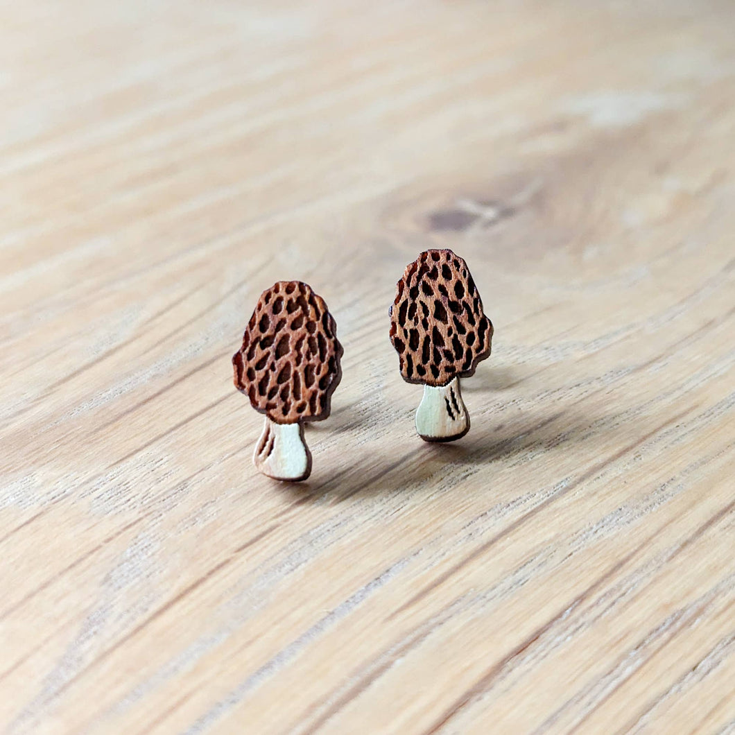 Morel Mushroom Hand-Painted Cottagecore Wood Stud Earrings