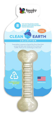 Clean Earth chew toys are made from 100% recycled plastic water bottles.  Super-durable Chicken flavor Recyclable Made in the USA Spunky Pup - Orono, Minnesota