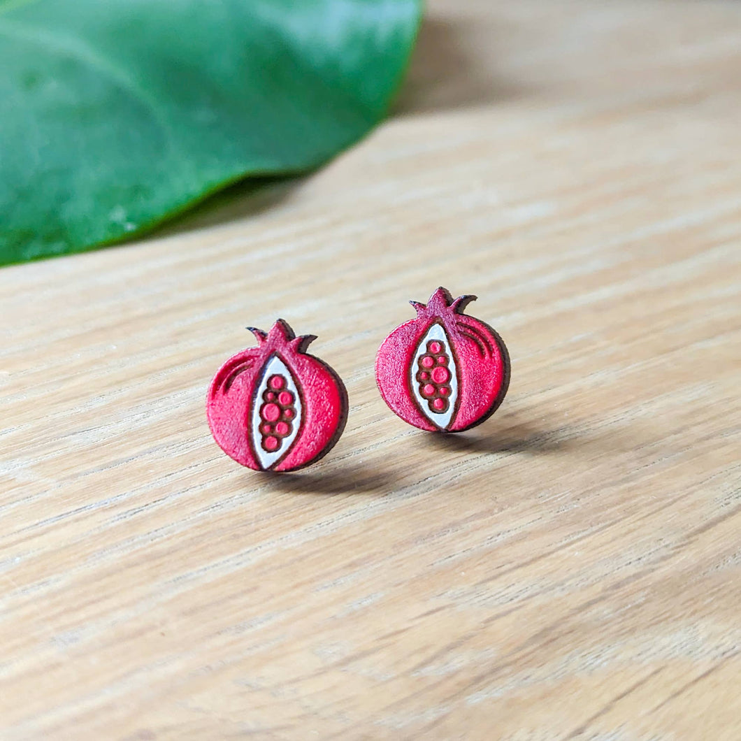 Pomegranate Fruit Hand-Painted Wood Stud Earrings
