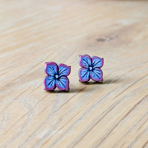 Blue Hydrangea Flower Hand-Painted Wood Stud Earrings