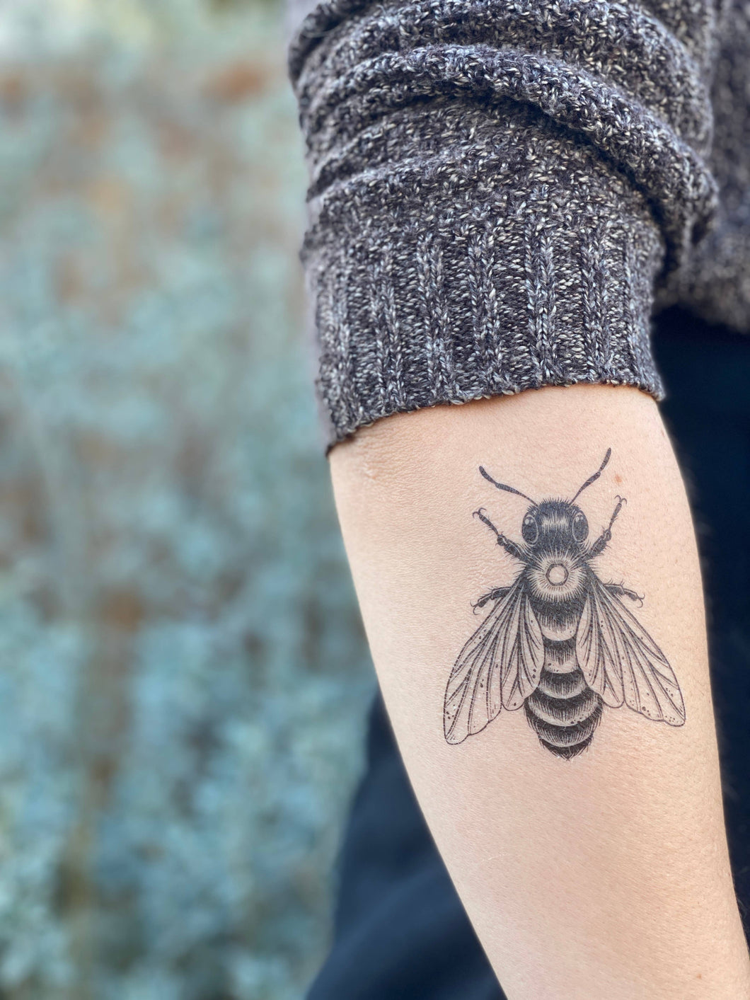 Big bee temporary tattoo, original design, hand-drawn in black lines. This familiar pollinator and beloved insect represents spring and productivity to many people. What does the bee represent to you?