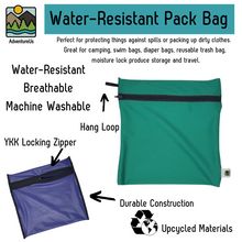 Load image into Gallery viewer, AdventureUs&#39; eco-friendly washable, reusable Water-Resistant Pack Bags are a must have for any outdoor adventure.  Easily store your dirty or damp items without worry or waste. Great for wet swim suits, diaper bags, zero-waste hiking hankies, camping napkins, DIY wet wipes and more! Use one for dry items like burp rags or wet wipes and another for the dirty ones.