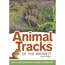 Load image into Gallery viewer, Animal track identification is made simple with this handy field guide for the Midwest. It&#39;s packed with lots of information, including:  More than 100 mammal species tracks Common bird &amp; reptile tracks Life-sized illustrations Quick identification tips Photos &amp; descriptions of other animal signs, including scat Measures: 5&quot;x 7&quot;