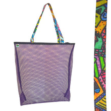 Load image into Gallery viewer, Vibrant purple mesh bag with choice of colorful handles Generous size: 23&quot; wide by 19&quot; tall and a 3&quot; gusseted base Eco-friendly manufacturer remnant (leftover) mesh Strong seams with nylon binding Durable, heaty-duty, shoulder length handles
