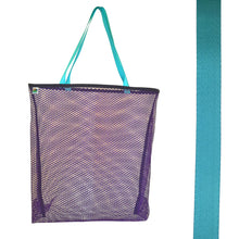 Load image into Gallery viewer, Vibrant purple mesh bag with choice of colorful handles Generous size: 23&quot; wide by 19&quot; tall and a 3&quot; gusseted base Eco-friendly manufacturer remnant (leftover) mesh Strong seams with nylon binding Durable, heaty-duty, shoulder length handles