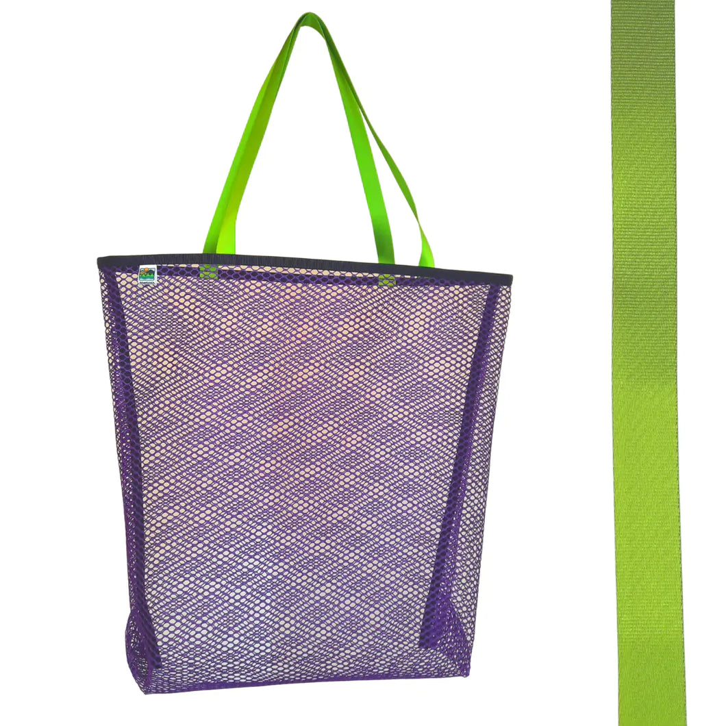 Vibrant purple mesh bag with choice of colorful handles Generous size: 23