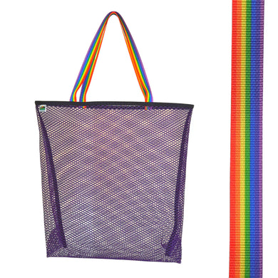 Vibrant purple mesh bag with choice of colorful handles Generous size: 23