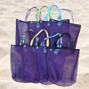 Vibrant purple mesh bag with choice of colorful handles Generous size: 23" wide by 19" tall and a 3" gusseted base Eco-friendly manufacturer remnant (leftover) mesh Strong seams with nylon binding Durable, heaty-duty, shoulder length handles