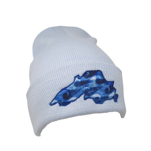 This beanie will keep you warm while showing off your love for the big lake. Super stretchy knit One size fits most Embroidered in our Washburn, Wisconsin sewing studio Materials: 60% recycled polyester/40% acrylic