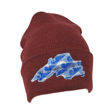This beanie will keep you warm while showing off your love for the big lake. Super stretchy knit One size fits most Embroidered in our Washburn, Wisconsin sewing studio Materials: 60% recycled polyester/40% acrylic
