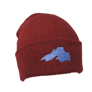 This beanie will keep you warm while showing off your love for the big lake. Super stretchy Narrow rib knit One size fits most Embroidered in our Washburn, Wisconsin sewing studio Materials: 50% recycled polyester/50% acrylic