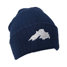 Load image into Gallery viewer, This beanie will keep you warm while showing off your love for the big lake. Super stretchy Narrow rib knit One size fits most Embroidered in our Washburn, Wisconsin sewing studio Materials: 50% recycled polyester/50% acrylic