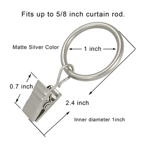 Easily hang tapestries, whole cloth fabrics or curtains. This listing is for 1 piece Metal Curtain Rings with Clips 1 in Interior Diameter, Fits Diameter 5/8 in Curtain Rod Matte Silver Rod NOT included