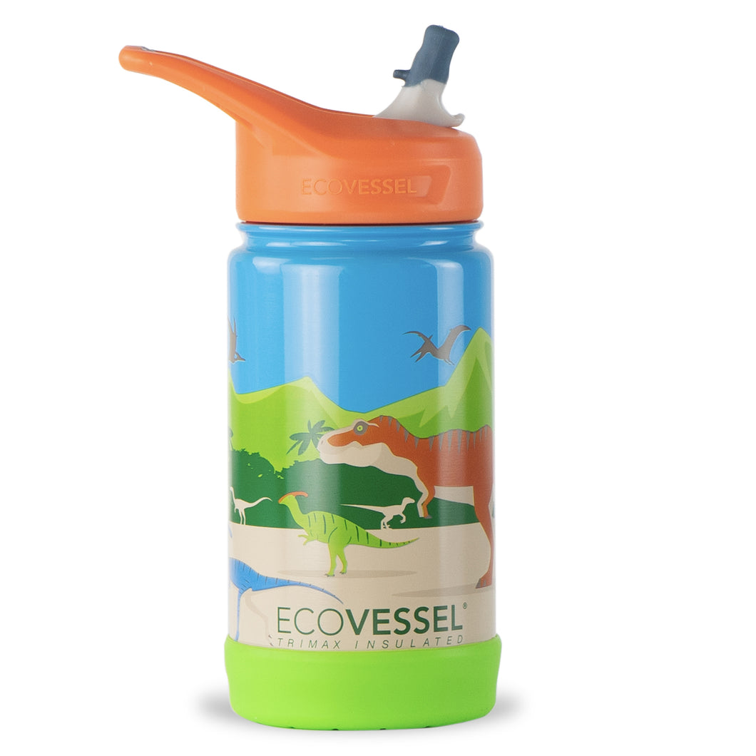 This insulated bottle will keep your kid's drink cold all day long.  Keeps contents cold up to 36 hours Fits most lunch boxes and bags  BPA Free Wide mouth for easy filling Silicone straw for easy tilt-free drinking 12 oz capacity Brand: EcoVessel Style: Frost