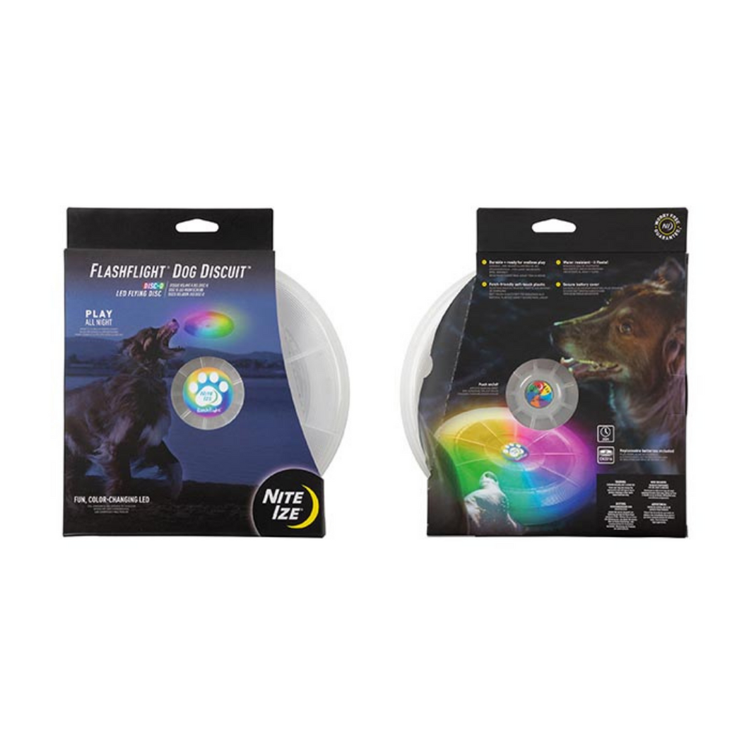 This light up frisbee will be hours of fun for you and your furry friend on dark winters or summer nights!   Fetch-friendly soft-touch (bite-friendly) plastic 20 Hours of Color-Changing Fun Water resistant & It Floats!