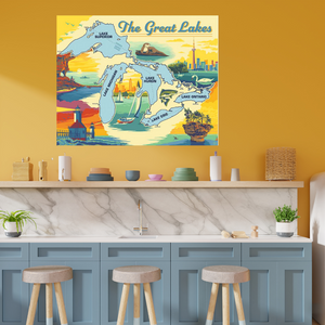 This beautiful image of the great lakes will brighten any room. Measures 35" x 43" Serged edges to prevent fraying Washing Instructions: Machine Wash Cold/Tumble Dry Low Wood hanger sold separately Materials: 100% cotton Riley Blake Designs™ Destinations fabric  Artwork ©Anderson Design Group, Inc. All rights reserved.