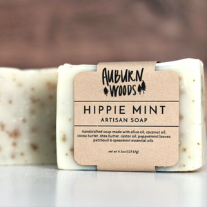 Handcrafted soap made with olive oil, coconut oil, cocoa butter, shea butter, castor oil,  peppermint leaves, patchouli and spearmint essential oils.