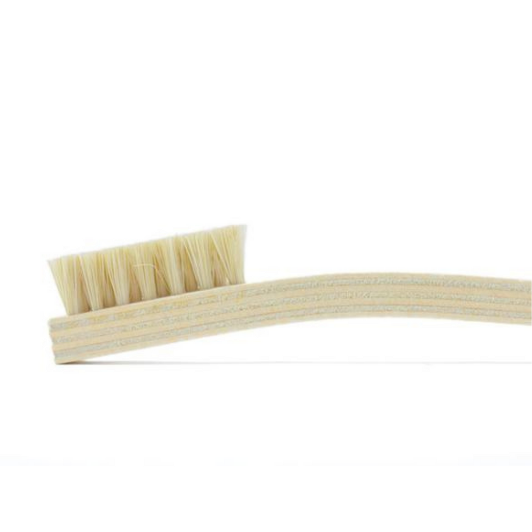 The natural bristles are relatively stiff, allowing this brush to scrub away dirt, dust, debris, and stains, but soft enough to not scratch leather or pull at the threads of fabric.  This is a versatile brush that's great to have since it can be used to clean a wide variety of fabrics and leathers. 