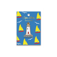 Load image into Gallery viewer, Perfect for adding a little flair to jacket, hats, backpacks, or lapels. Lighthouse Enamel Pin - Cape Shore