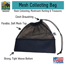 Load image into Gallery viewer, This drawstring mesh bag is the perfect accessory for all your nature walks, whether you&#39;re beachcombing or hiking in the woods.  Great for rock hunting, foraging, beach glass collecting, sea shells, pinecones, and as a beachcomber tote. Drawstring, toggle closure with durable mesh and a fine weave bottom to keep your treasures in but let sand out. Main body mesh is made using eco-friendly remnant fabric.  Made in Wisconsin, USA