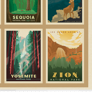 This beautiful image of the National Parks will brighten any room. Use as a simply whole cloth blanket or create an instant wall hanging with a magnetic holder (sold separately) or by tacking. Measures 35" x 43" Serged edges to prevent fraying Washing Instructions: Machine Wash Cold/Tumble Dry Low Wood hanger sold separately Materials: 100% cotton Riley Blake Designs™ Destinations fabric  Artwork ©Anderson Design Group, Inc. All rights reserved.