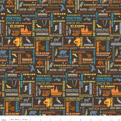 This fun National Parks themed fabric is perfect for quilting, patching, curtains, bags and more! This print features text and icons that relate to the different national parks.