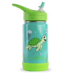This insulated bottle will keep your kid's drink cold all day long.  Keeps contents cold up to 36 hours Fits most lunch boxes and bags  BPA Free Wide mouth for easy filling Silicone straw for easy tilt-free drinking 12 oz capacity Brand: EcoVessel Style: Frost