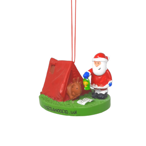 Reminisce about your Northwoods life with this beautiful holiday ornament. Perfect souvenir from your Northwoods, Wisconsin adventures in iconic Apostle Islands, Bayfield, Washburn, and Ashland areas. Santa and Rudolph are camping out Size: 3" x 2"