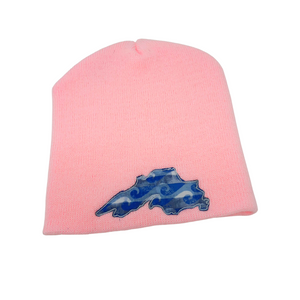 This beanie will keep you warm while showing off your love for the big lake. 8" tall with no cuff Super stretchy knit One size fits most Great for kids too Embroidered in our Washburn, Wisconsin sewing studio Materials: 100% acrylic